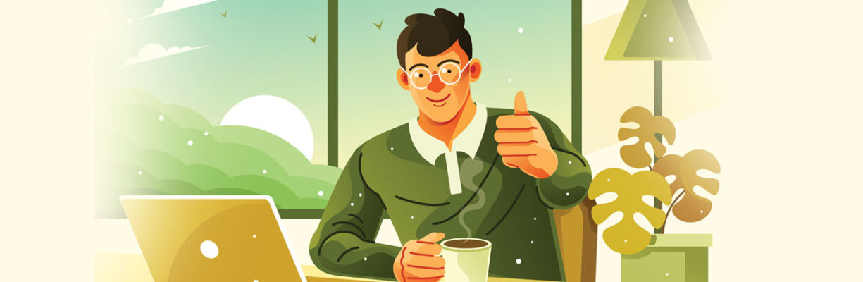 An illustration of an international student working on his laptop and giving a thumbs up.