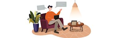 An illustration of an international student chatting in his laptop in his living room