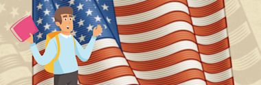 An illustration of an international student and the flag of United States of America