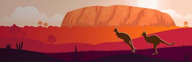 Two kangaroos hop across a vibrant, stylized outback landscape at sunset, with Uluru and scattered trees in the background under a partly cloudy sky.