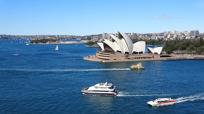 Sydney Opera House on a sunny day with ferries crossing the blue harbor waters and city skyline in background