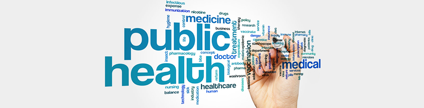 Word cloud with words relating to public health - a hand with a marker appears to draw on the image