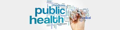 Word cloud with words relating to public health - a hand with a marker appears to draw on the image