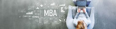 MBA in a white overlay with person using a laptop in a modern gray chair