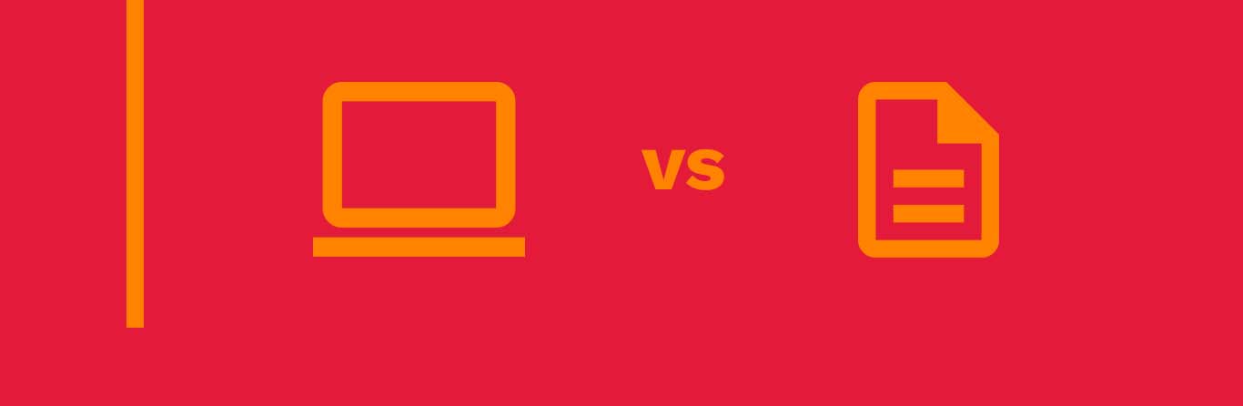  Orange icons showing computer versus paper comparison on red background
