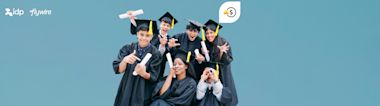 Excited graduates in black caps and gowns celebrating with diplomas against blue background, with IDP & Flywire logos and award text overlay