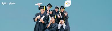 Excited graduates in black caps and gowns celebrating with diplomas against blue background, with IDP & Flywire logos and award text overlay