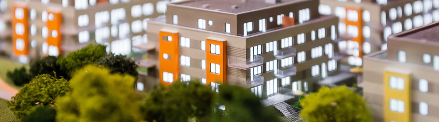 A close up of building models