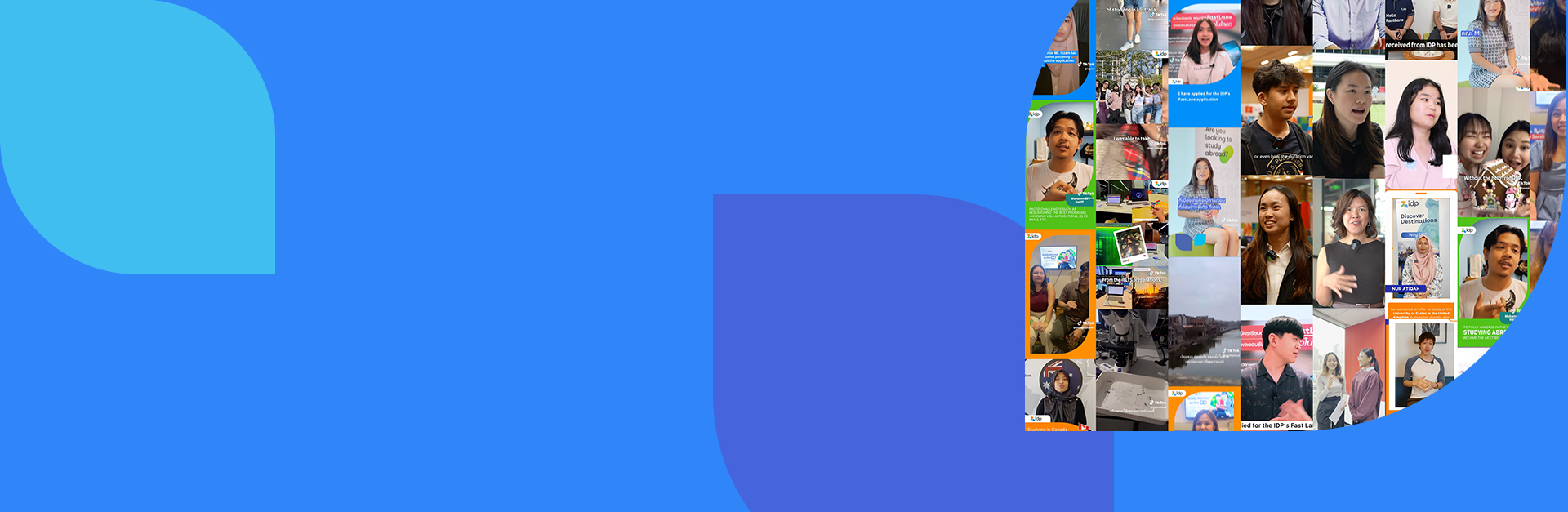 Collage of diverse people creating videos in a rounded rectangle on the right side, with a blue geometric abstract background on the left.