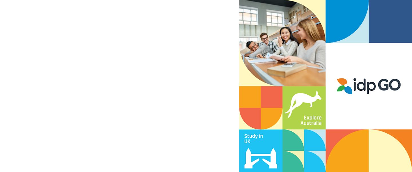 IDP GO banner with students, logo, and icons for studying in Australia and the UK