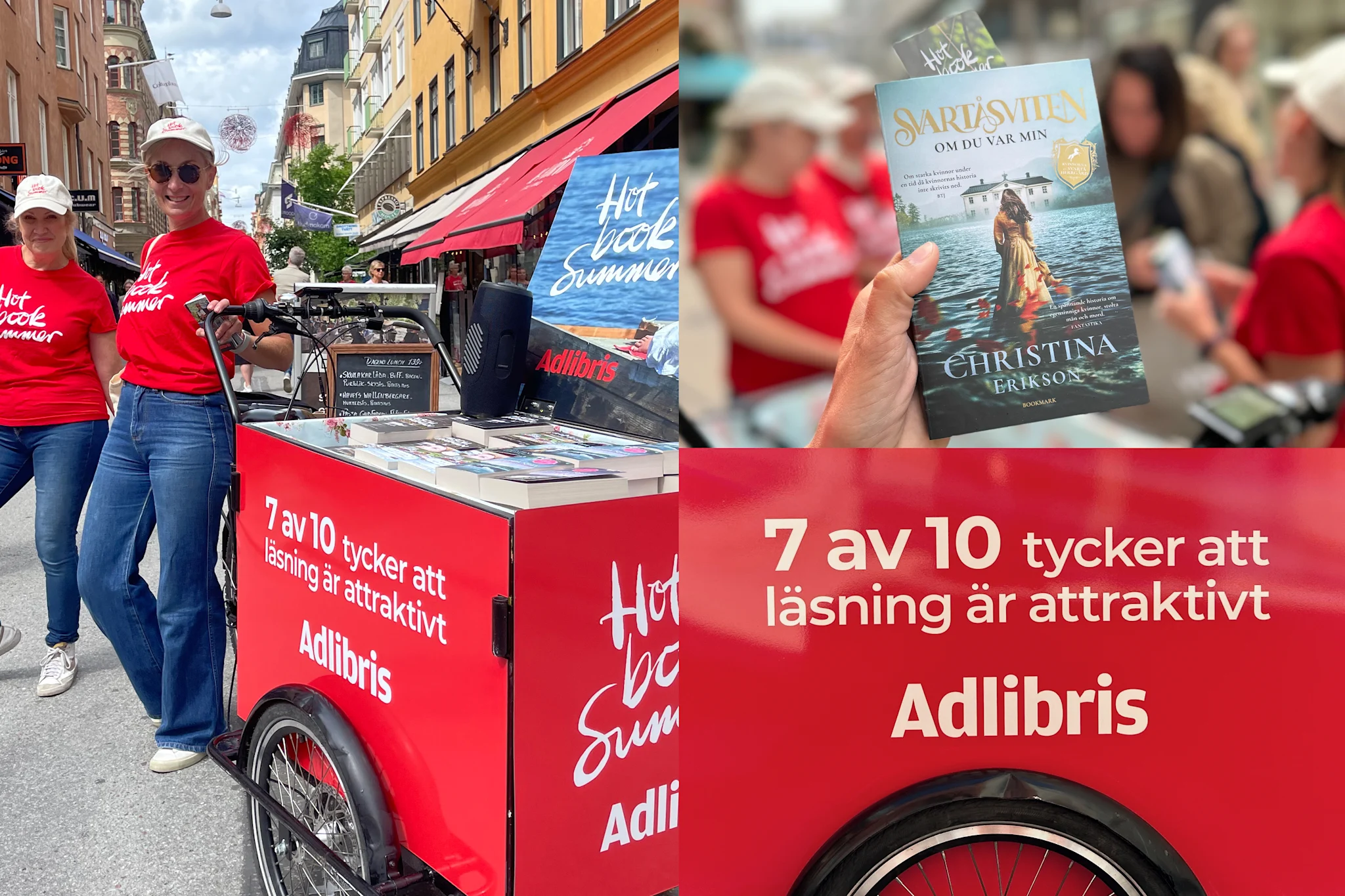 Bild av en bokutställning med en röd cykelvagn och affischer om läsning i en stadsmiljö.