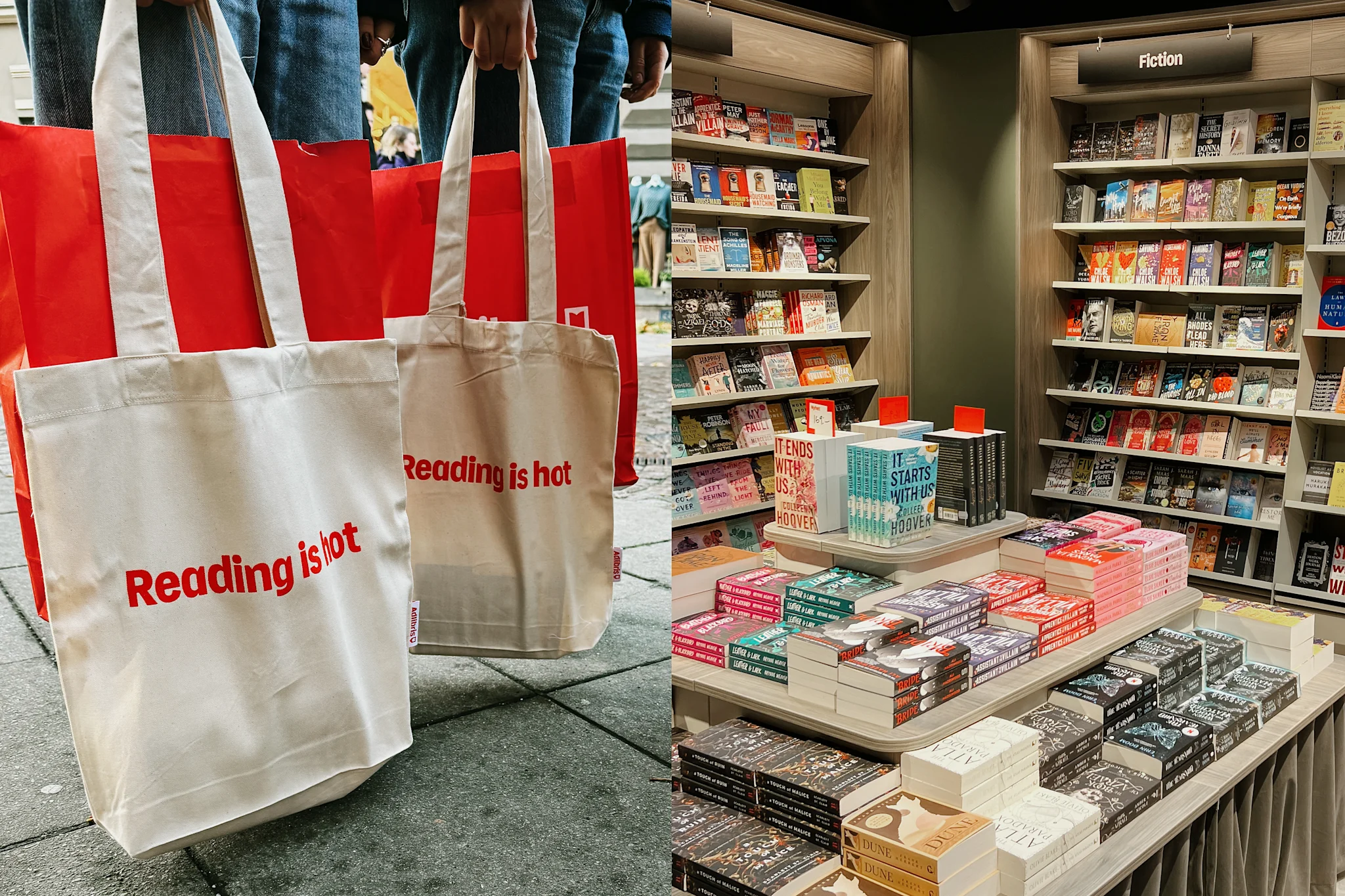 Två tygkassar med texten 'Reading is hot' och en bokhylla fylld med böcker.