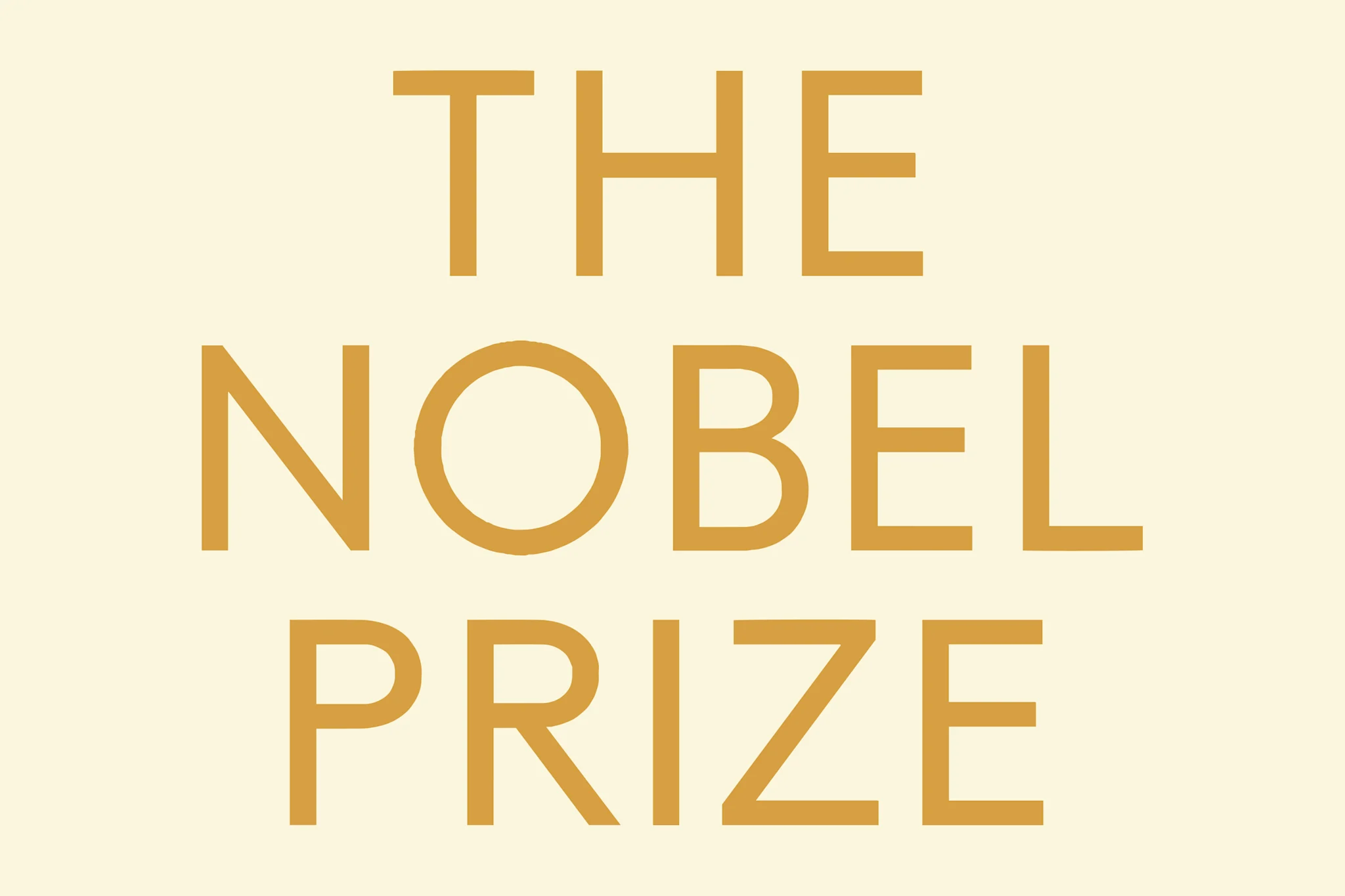 Tekstdesign med orden 'THE NOBEL PRIZE' i gull mot en lys bakgrunn.