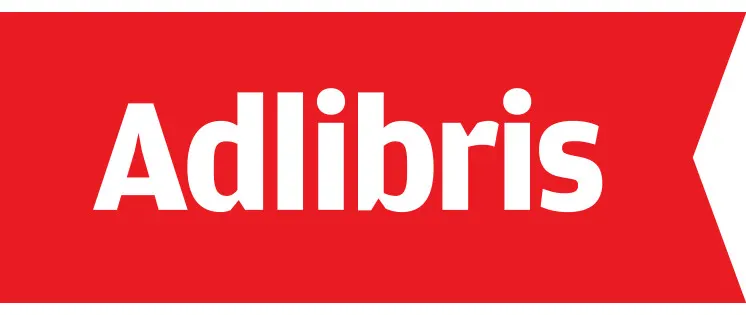 Adlibris-logo, valkoinen teksti punaisella taustalla.