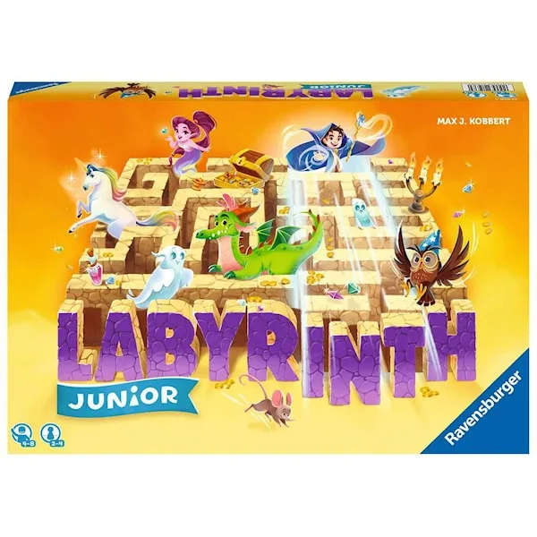 Produktbilde av Labyrint Junior-spillet fra Ravensburger med fargerike karakterer og en labyrint.