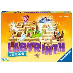 Produktbilde av Labyrint Junior-spillet fra Ravensburger med fargerike karakterer og en labyrint.