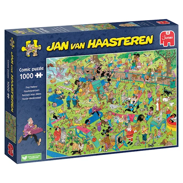 Jan van Haasterenin palapelin kuva, jossa koirat osallistuvat eri aktiviteetteihin puistossa.