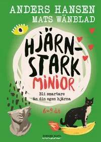 Bokomslag av 'Hjärnstark Minor' med illustrationer av en katt, öga och hjärtan på grön bakgrund.