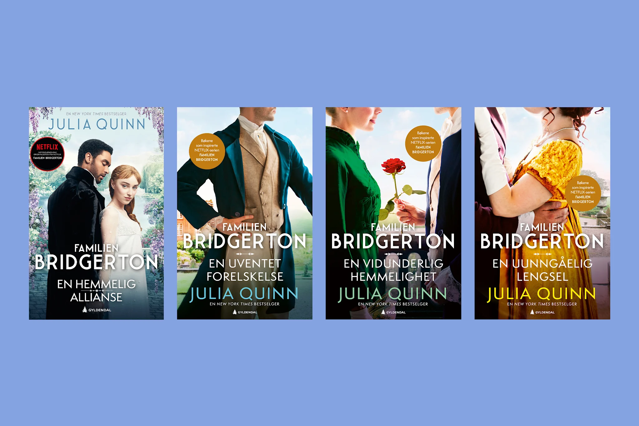 Omslag av bøker i serien Familien Bridgerton av Julia Quinn.