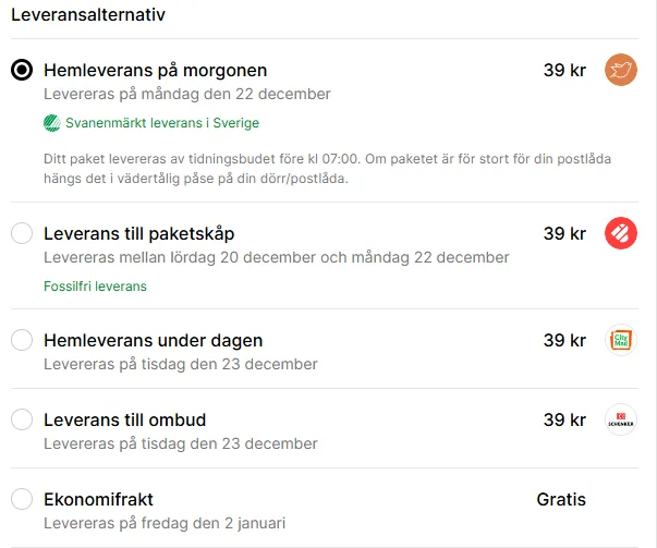 Lista över leveransalternativ med priser och datum för leverans.