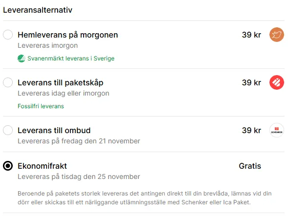 Lista över leveransalternativ med priser och datum för leverans.