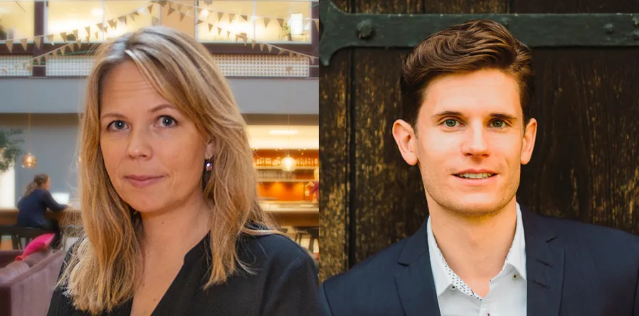 Porträtt av två personer som står bredvid varandra i en social miljö.