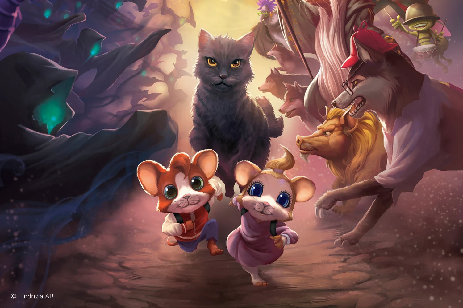 Illustration av två muskaraktärer som går på en stig, omgivna av djur i en fantasimiljö.