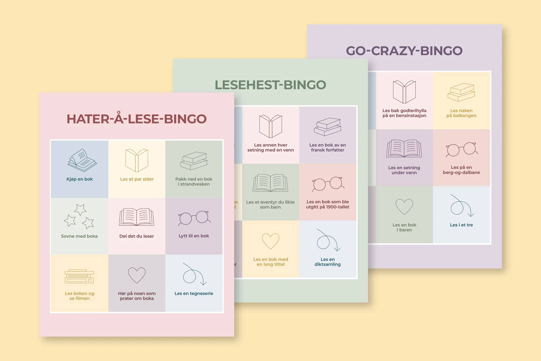 Tre bingokort med ulike leseutfordringer og temaer, designet for å oppmuntre til lesing.