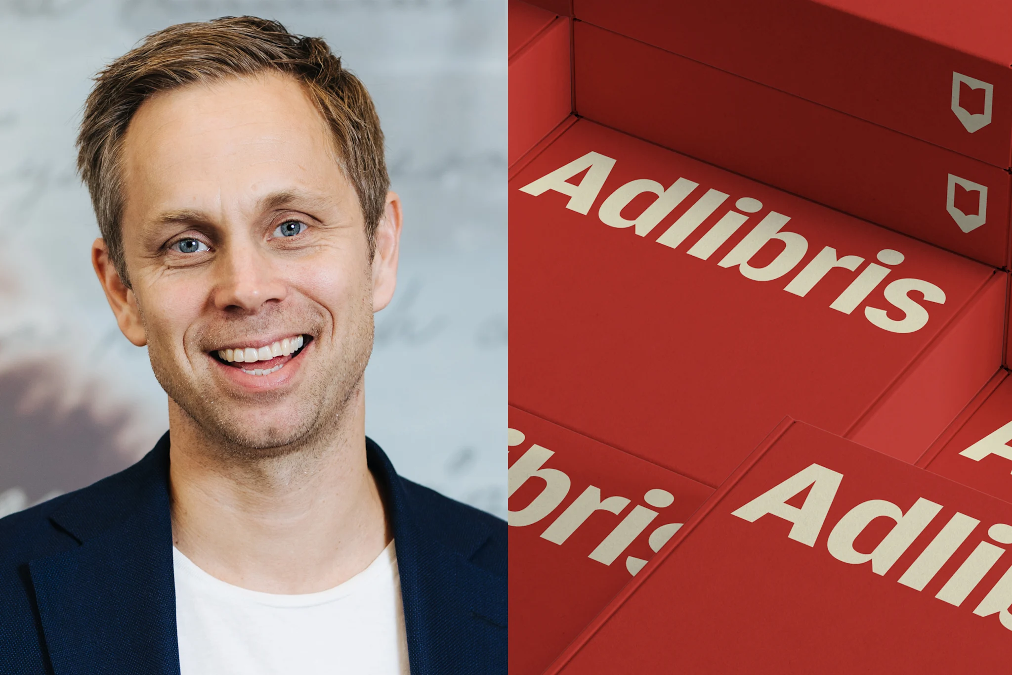 Portrett av Adlibris administrerende direktør Jonas Karlén, med Adlibris-bøker i bakgrunnen.