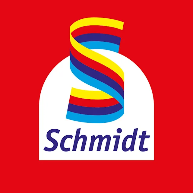 Schmidt logotyp med ett stort, färgglatt S i blått, rött, gult och lila ovanför texten "Schmidt" på vit bakgrund med röd ram.