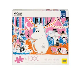 Kuva Moomin-aiheisesta palapelistä, 1000 kappaletta, värikkäät hahmot ja luonto.