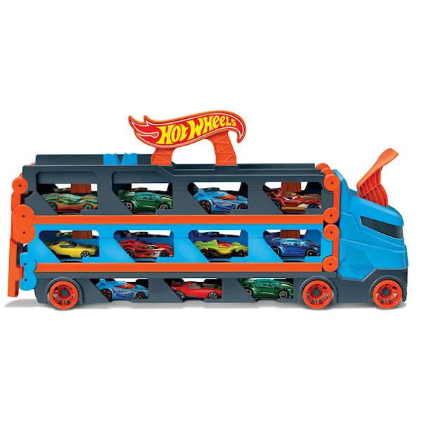 Bilde av en leketøysbiltransport med Hot Wheels-biler i flere rom.