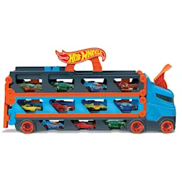 Bilde av en leketøysbiltransport med Hot Wheels-biler i flere rom.