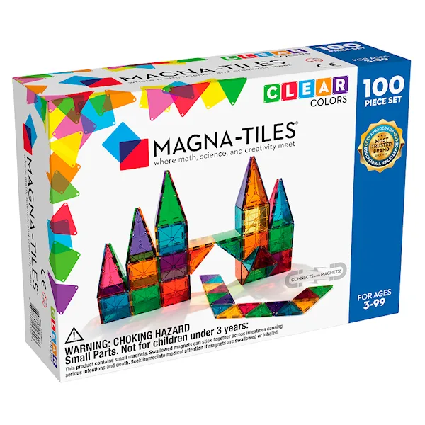 Pakke med Magna-Tiles som inneholder fargerike, gjennomsiktige byggeklosser i forskjellige former.