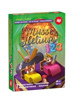 Produktbilde av spillet 'Musse & Helium 123' med fargerik emballasje og figurer på forsiden.
