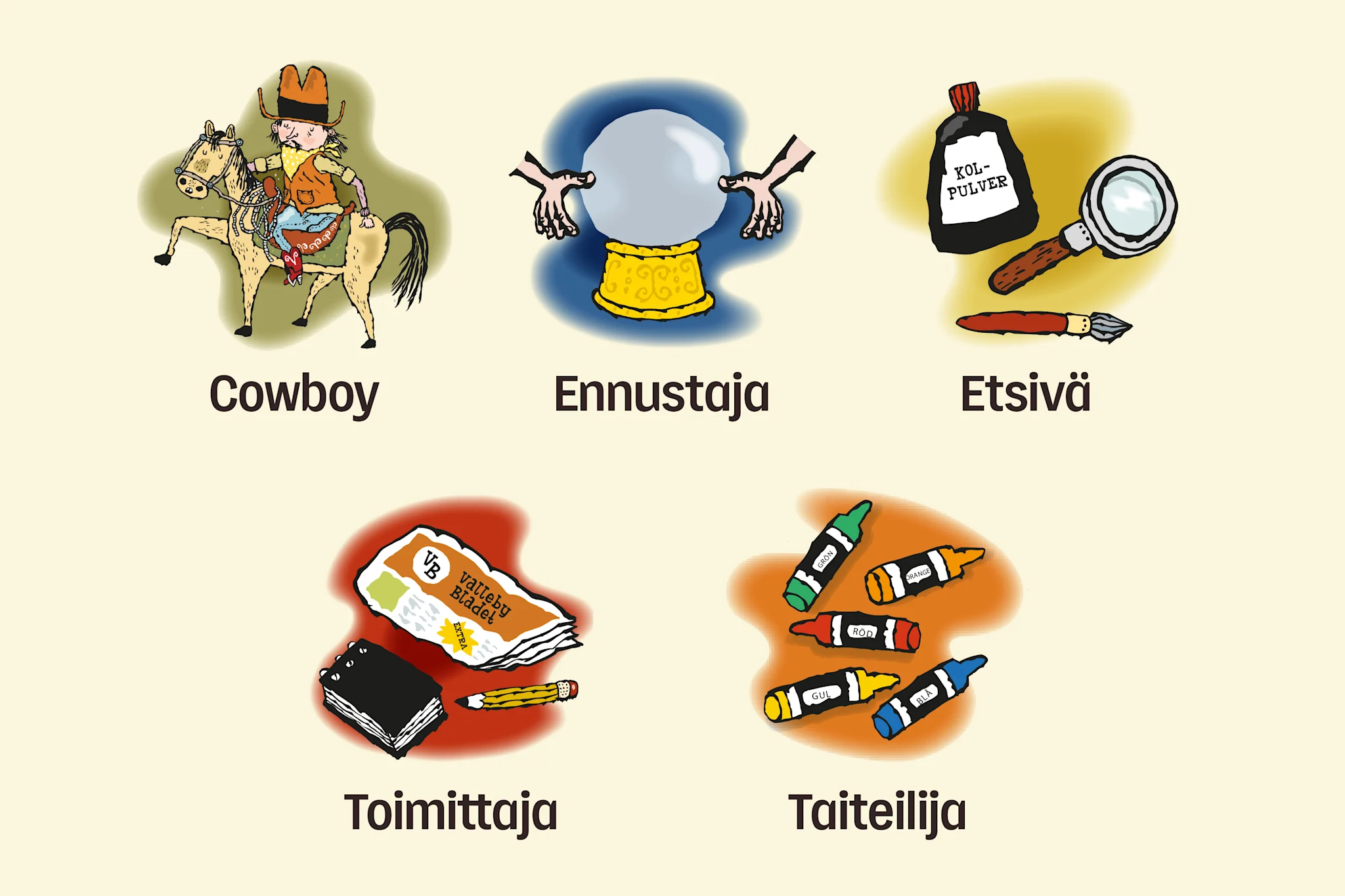 Kuvitus eri ammateista: cowboy, ennustaja, etsivä, toimittaja ja taiteilija.