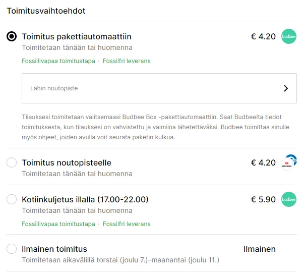 Skärmavbild av leveransalternativ med priser och tjänster för Budbee Box.