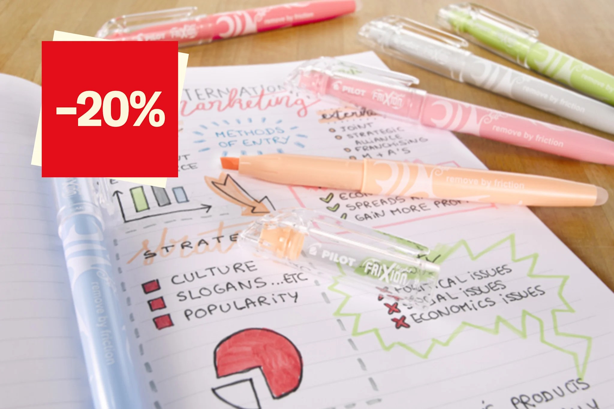 Kuva muistiinpanoista värikkäillä kynillä ja 20% alennuksesta.