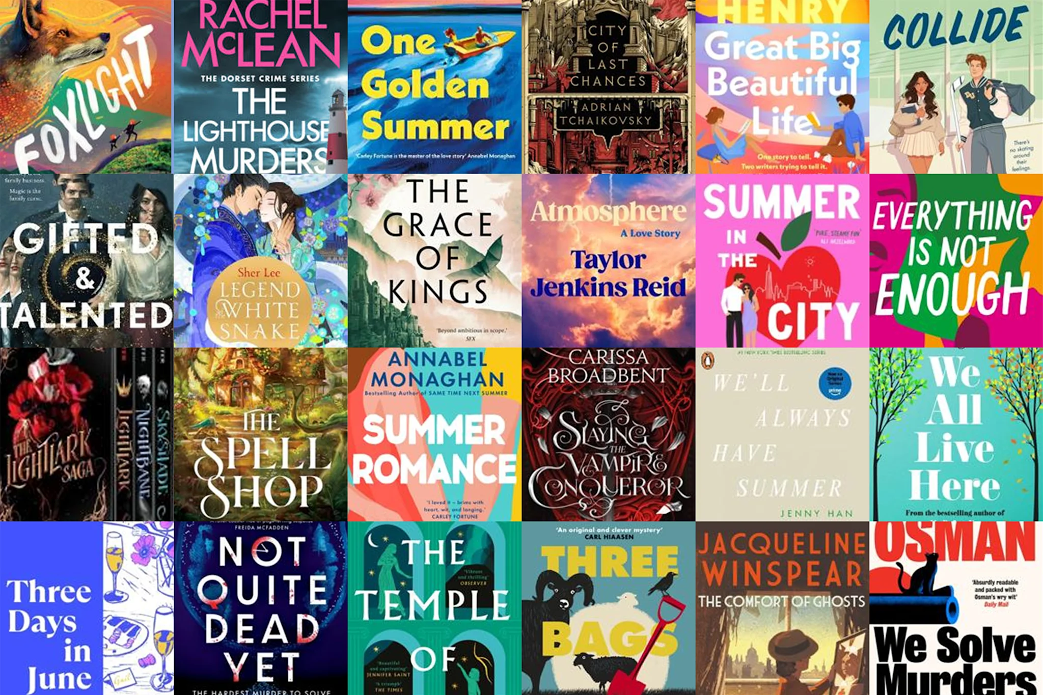 En samling bokomslag med titler som 'Foxlight', 'Summer in the City' og 'The Lightlark Saga'.