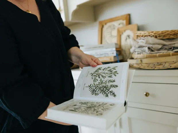 En person holder en åpen bok med illustrasjoner av planter, i et interiørmiljø.