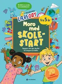 Forsiden av aktivitetsboken 'Moro med skolestart' med glade barn og forskjellige skole-relaterte illustrasjoner.