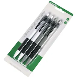 Bild av ett paket med fyra stiftpennor 0,5 mm från BNT Office, två svarta och två vita.