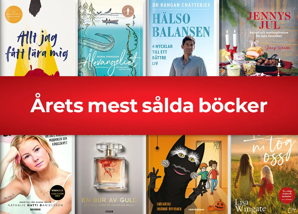 Omslag av de mest sålda böckerna under året 2019, med olika titlar och författare.