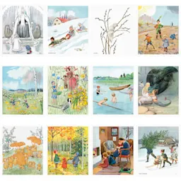 Månadstavla med 12 illustrationer av Elsa Beskow som visar olika årstider och motiv.