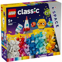 Produktbild av LEGO Classic setet med kreativa planeter och rymdtema, inklusive olika färgglada bitar.