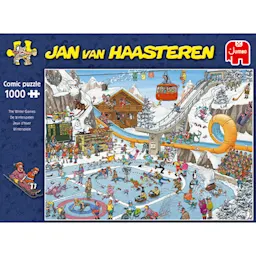 Pusselbild av Jan van Haasteren med vinterteman och olika aktiviteter i en snötäckta miljö.