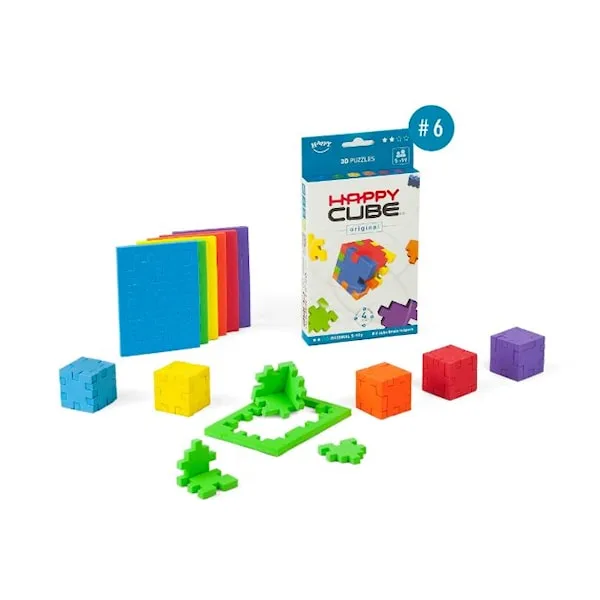 Bilde av Happy Cube, et 3D-puslespill med fargerike biter og en pakke i bakgrunnen.