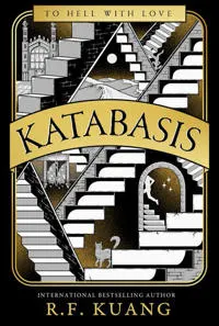 Omslag av boken 'Katabasis' av R.F. Kuang med illustrationer av trappor och en katt.