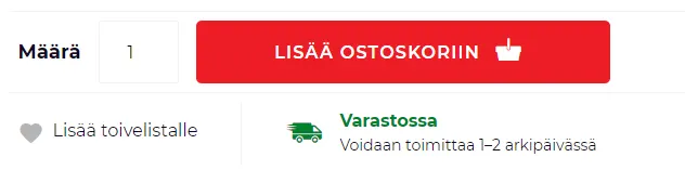 Skärmdump av en webbshop med knappen 'Lägg i kundvagn' och meddelande om leveranstid.