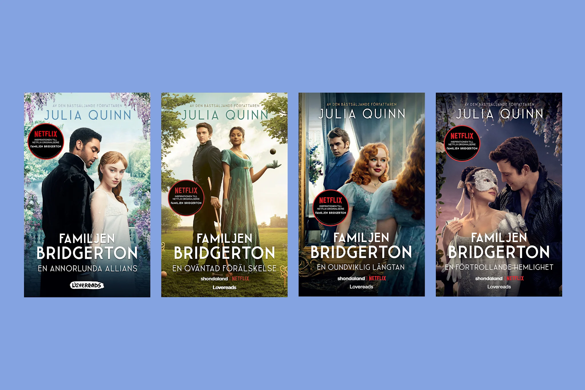 Omslagen av böckerna i 'Bridgerton'-serien av Julia Quinn.